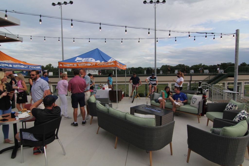 visitors socializing in the patio area